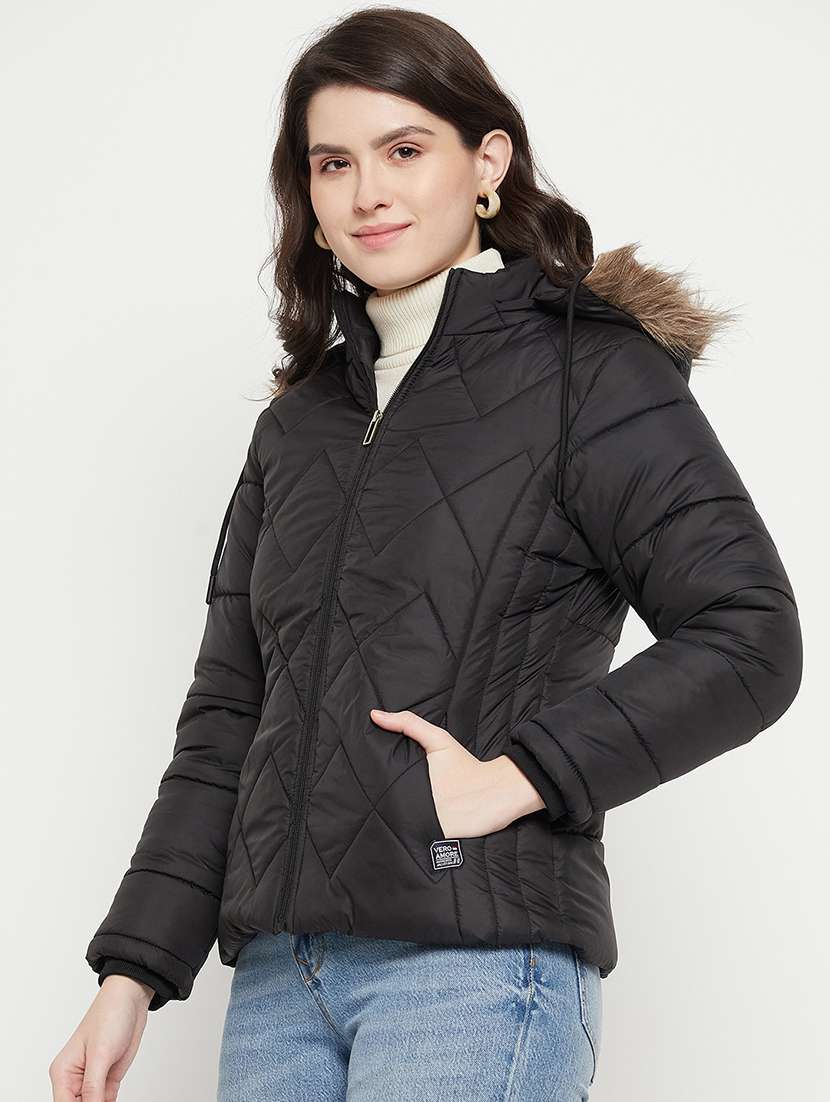 women plain hood neck & long sleeve quilted jacket - 21640870 -  Standard Image - 1
