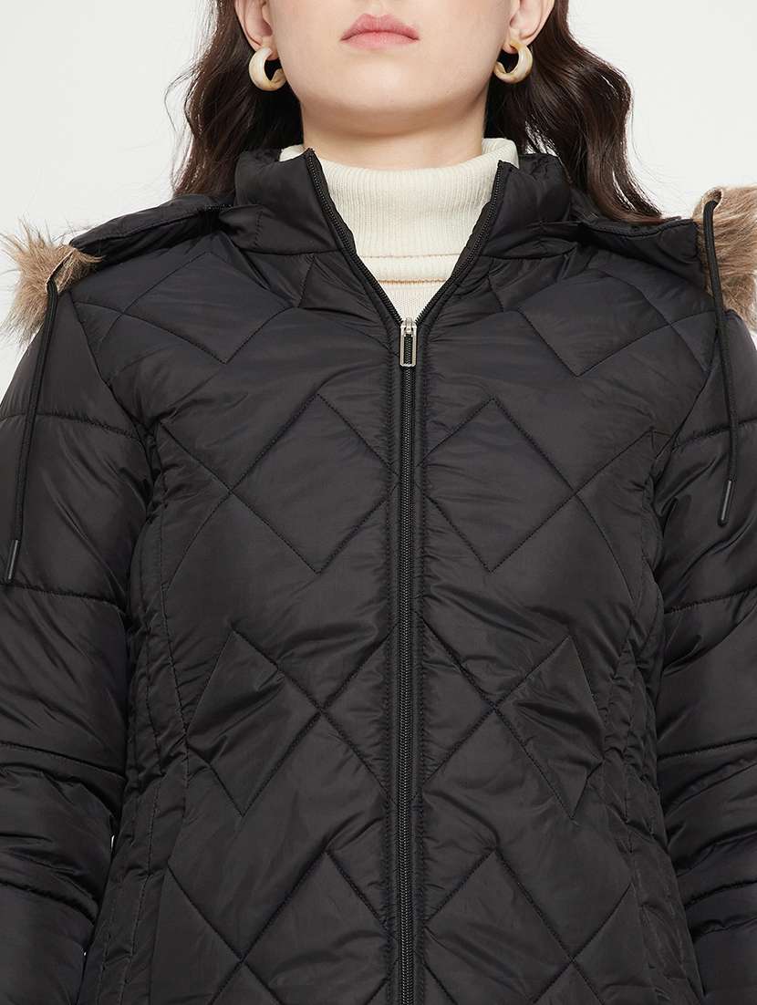 women plain hood neck & long sleeve quilted jacket - 21640870 -  Standard Image - 4