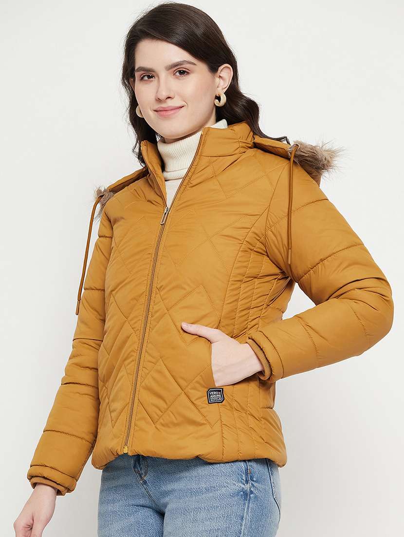 women plain hood neck & long sleeve quilted jacket - 21640872 -  Standard Image - 1