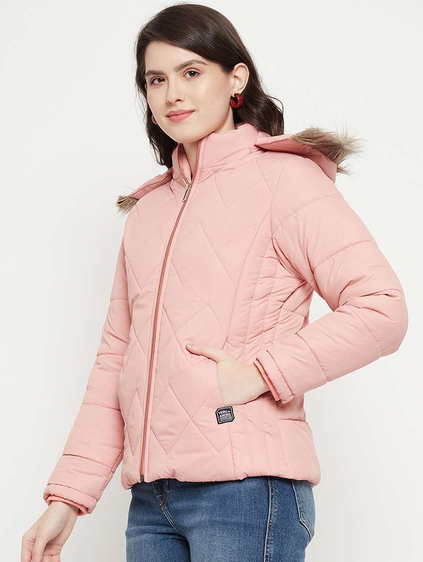 women plain hood neck & long sleeve quilted jacket - 21640874 -  Standard Image - 1