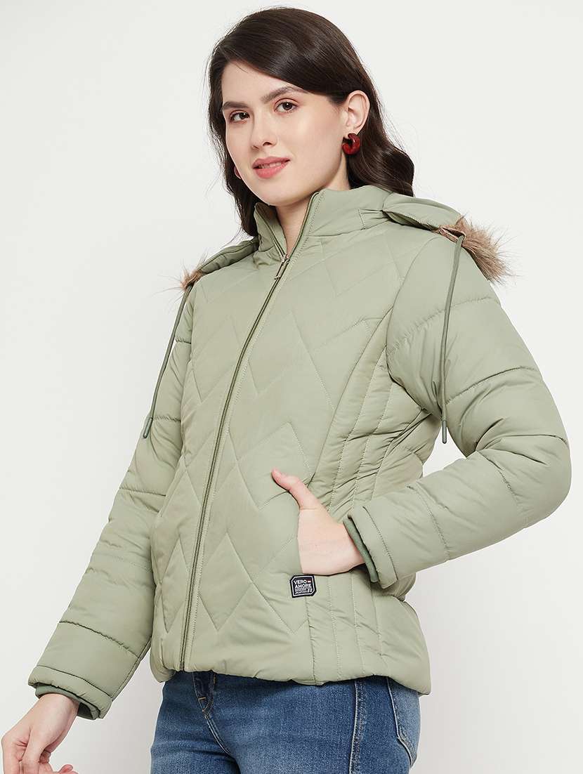 women plain hood neck & long sleeve quilted jacket - 21640875 -  Standard Image - 1