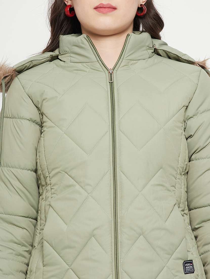 women plain hood neck & long sleeve quilted jacket - 21640875 -  Standard Image - 4