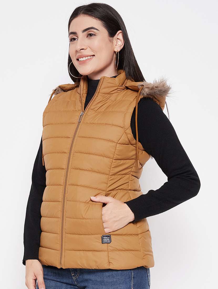 women plain hood neck & sleeveless quilted jacket - 21640884 -  Standard Image - 1