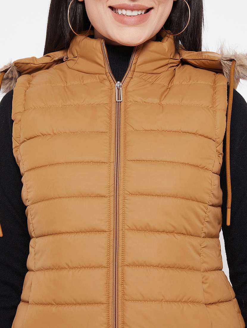 women plain hood neck & sleeveless quilted jacket - 21640884 -  Standard Image - 4