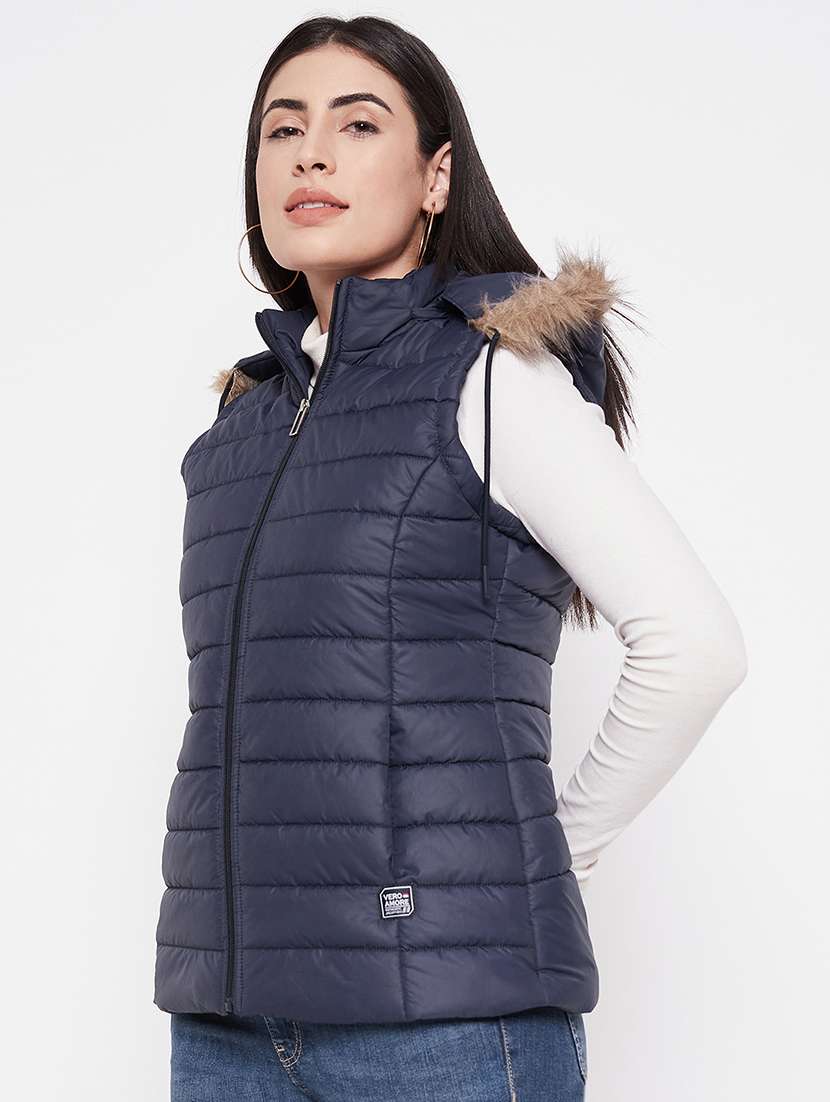 women plain hood neck & sleeveless quilted jacket - 21640885 -  Standard Image - 1
