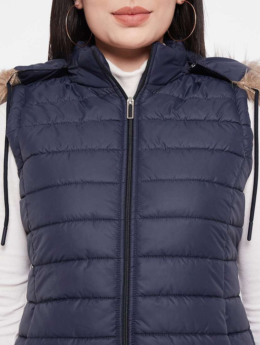 women plain hood neck & sleeveless quilted jacket - 21640885 -  Standard Image - 4