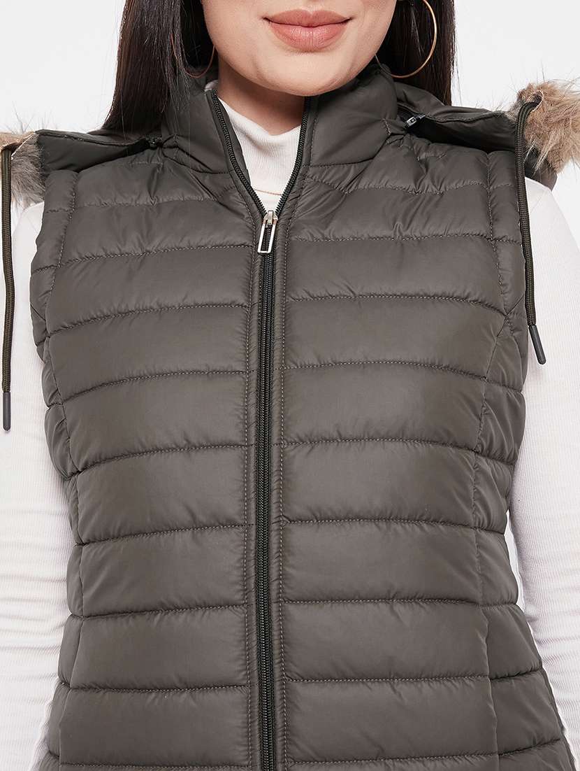 women plain hood neck & sleeveless quilted jacket - 21640886 -  Standard Image - 4