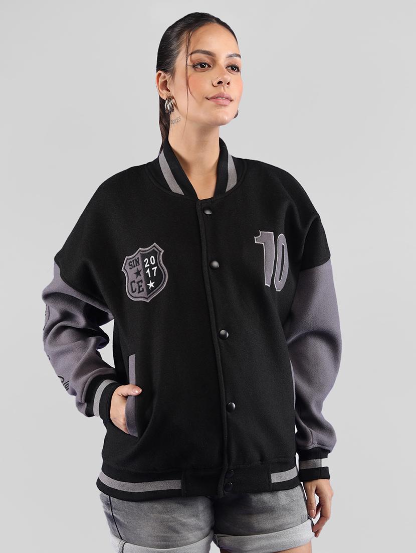 women oversized color block long sleeve varsity jacket - 21640945 - Zoom Image - 0