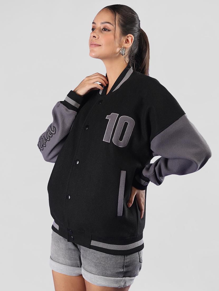 women oversized color block long sleeve varsity jacket - 21640945 - Standard Image - 1