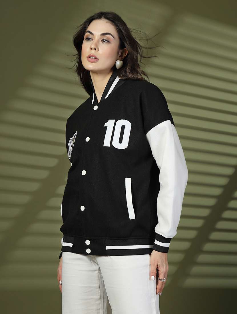 women oversized color block long sleeve varsity jacket - 21640947 - Standard Image - 1