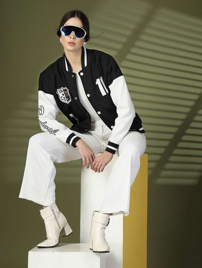 women oversized color block long sleeve varsity jacket - 21640947 - Standard Image - 4