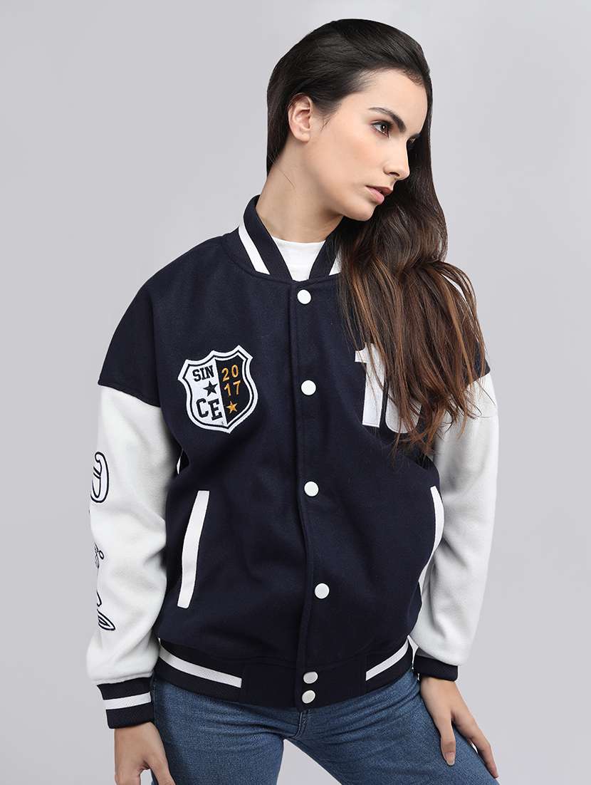 women oversized color block long sleeve varsity jacket - 21640949 - Standard Image - 1