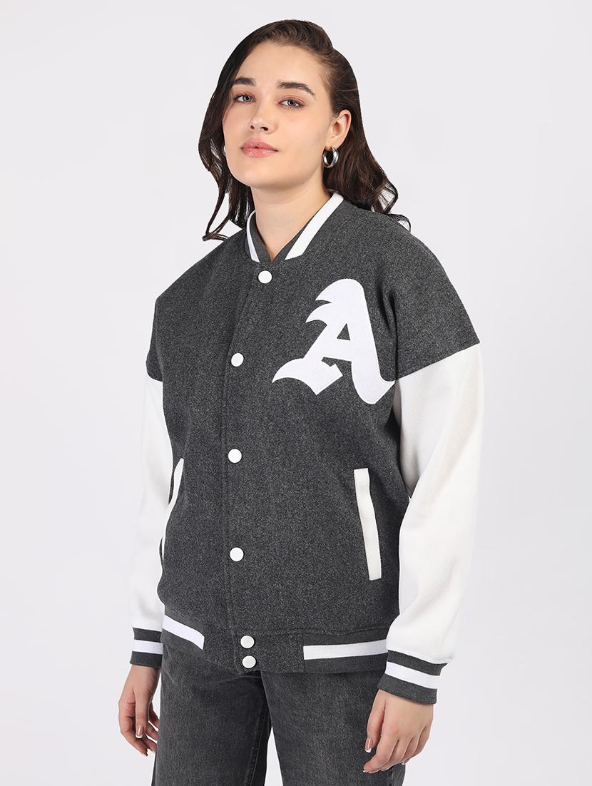 women oversized color block long sleeve varsity jacket - 21640951 - Standard Image - 1