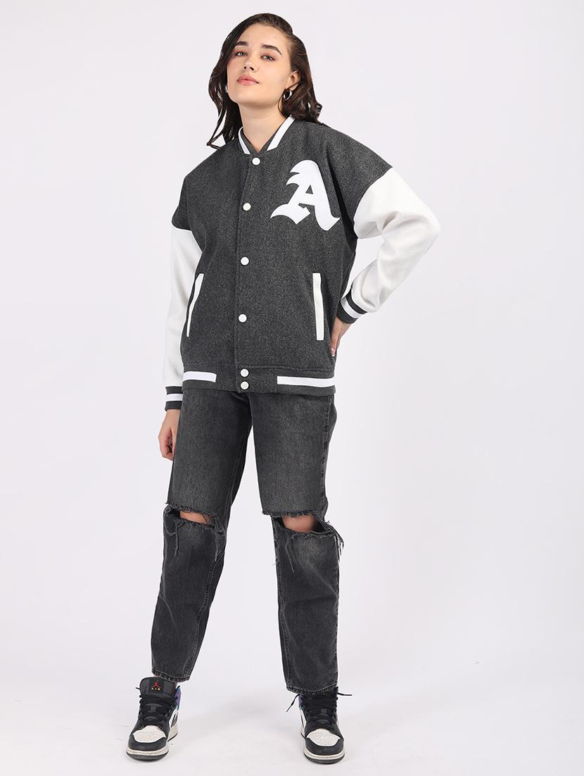 women oversized color block long sleeve varsity jacket - 21640951 - Standard Image - 4