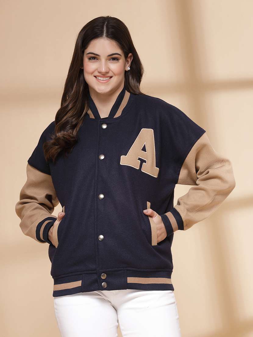 women oversized color block long sleeve varsity jacket 
