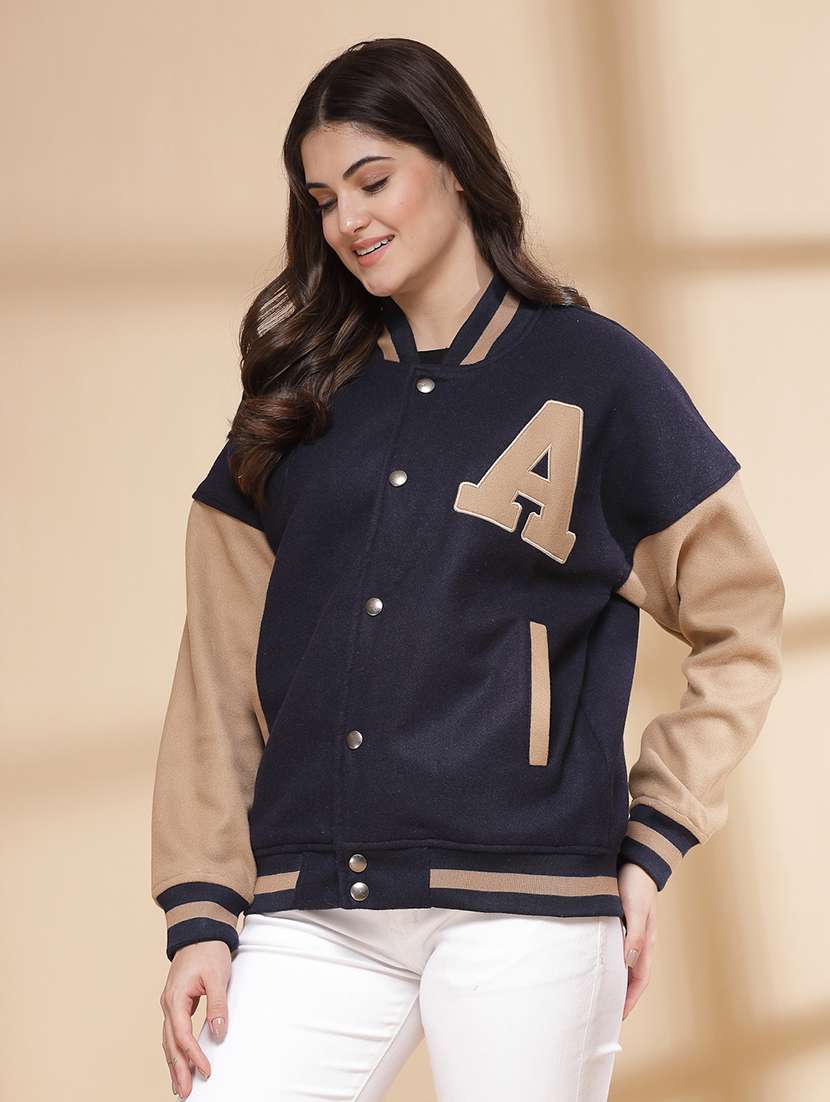 women oversized color block long sleeve varsity jacket  - 21640955 -  Standard Image - 1