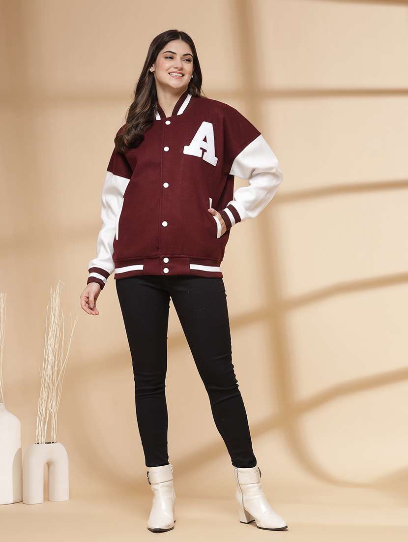 women oversized color block long sleeve varsity jacket - 21640956 - Standard Image - 4