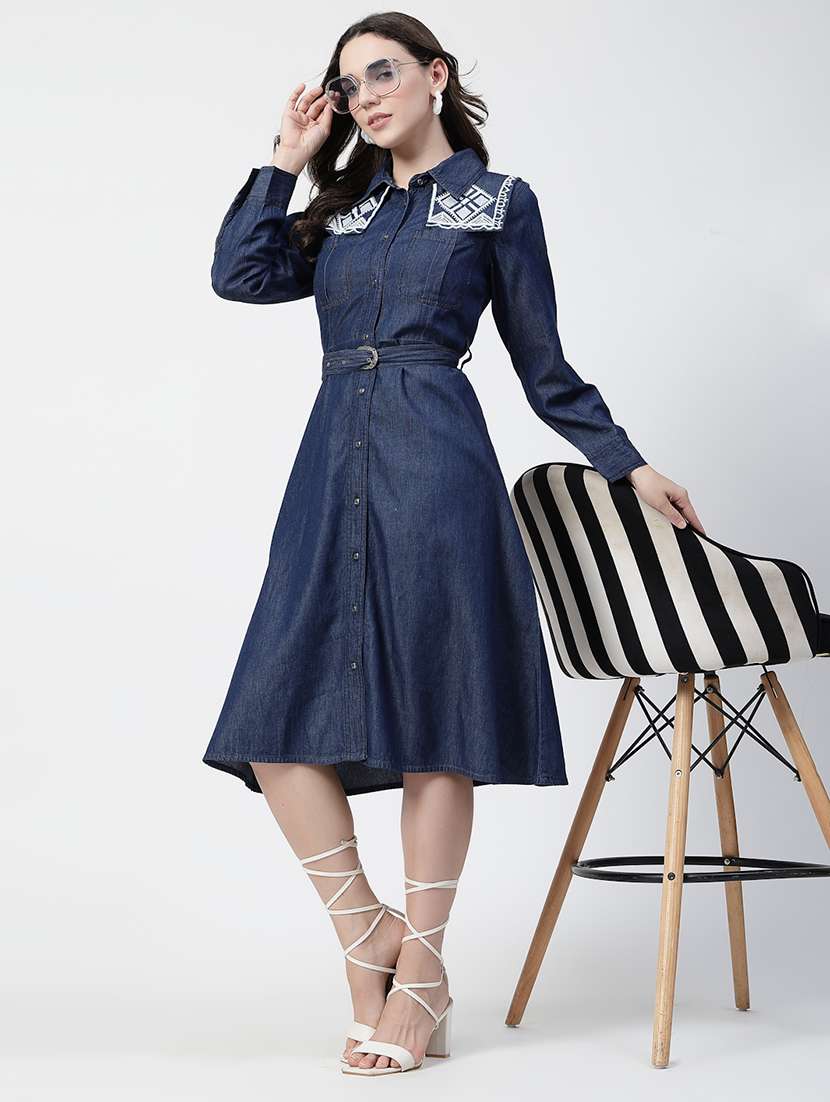 women navy blue solid long sleeve a-line dress