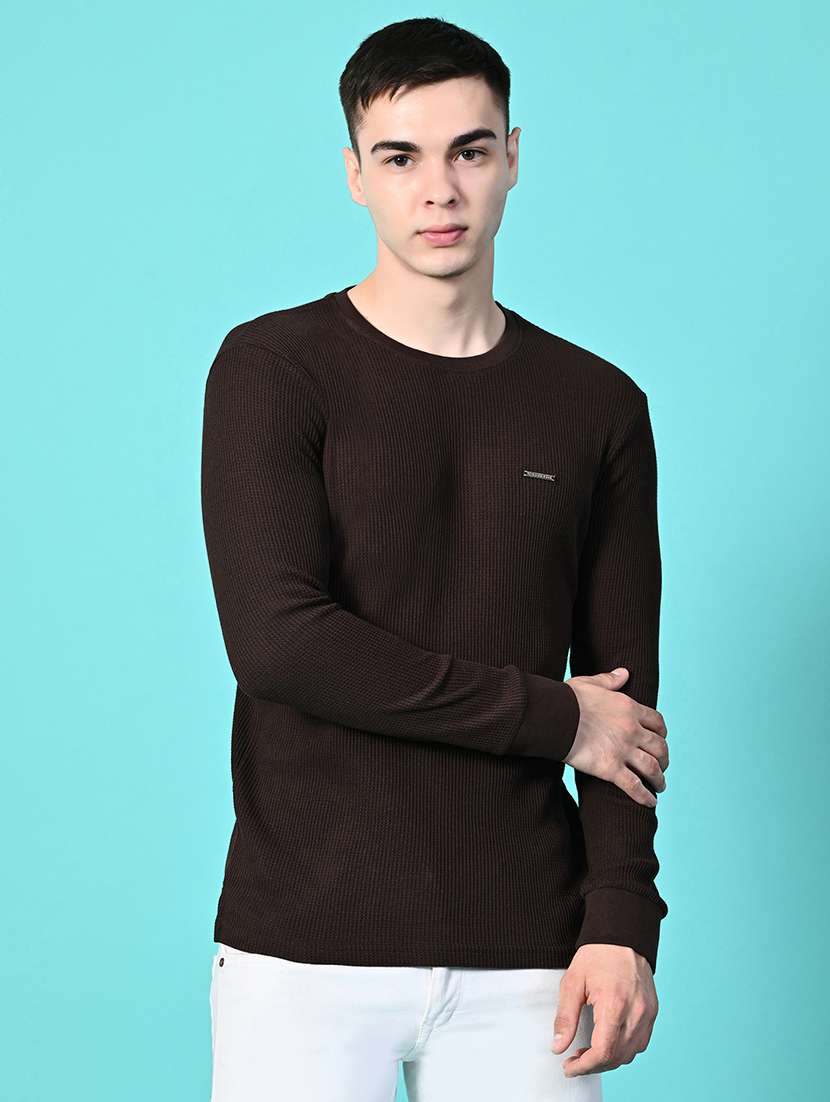 men coffee brown regular fit knitted t-shirt