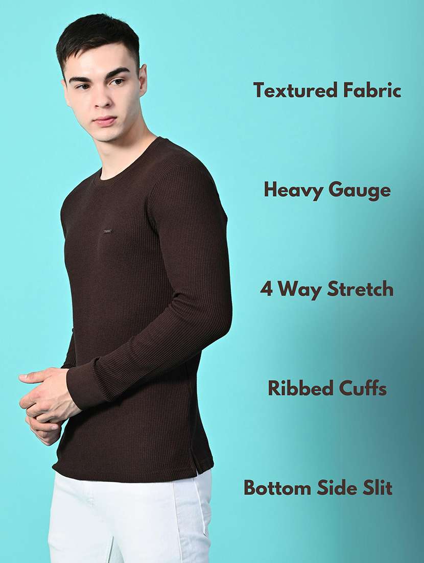 men coffee brown regular fit knitted t-shirt - 21641052 -  Standard Image - 1
