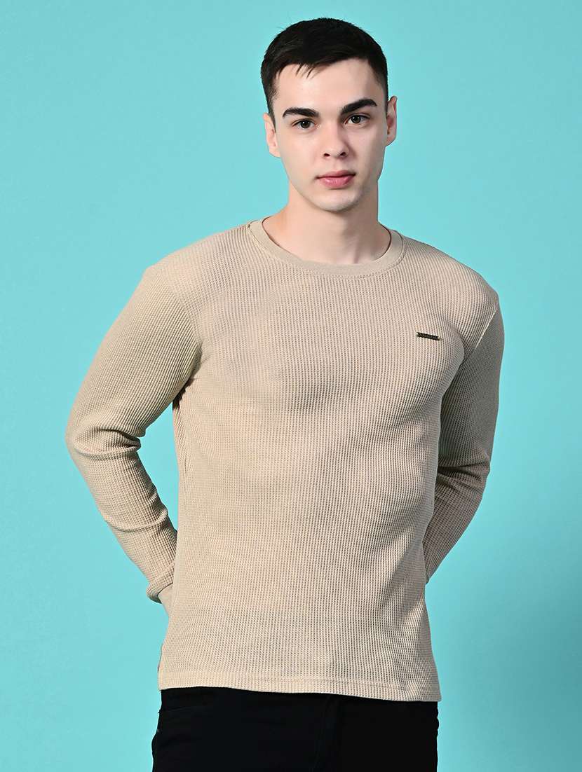 men beige long sleeve regular fit kintted t-shirt