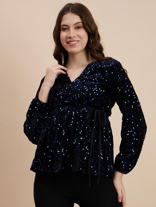 women blue sequin work long sleeve top - 21641128 - Standard Image - 0