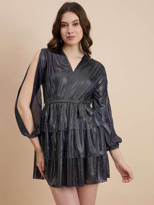 women solid slit sleeve fit & flare dress - 21641129 - Standard Image - 0