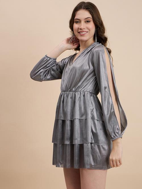 women grey solid slit sleeve fit & flare dress - 21641130 - Standard Image - 0