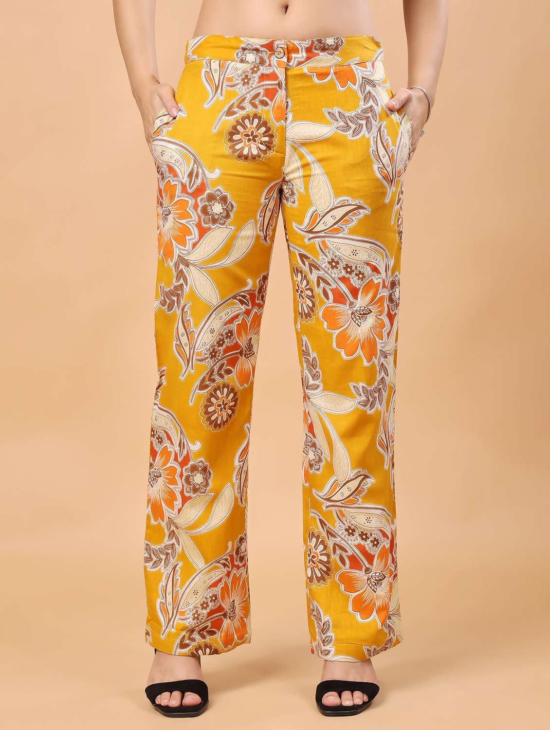 women printed flat front peg trousers