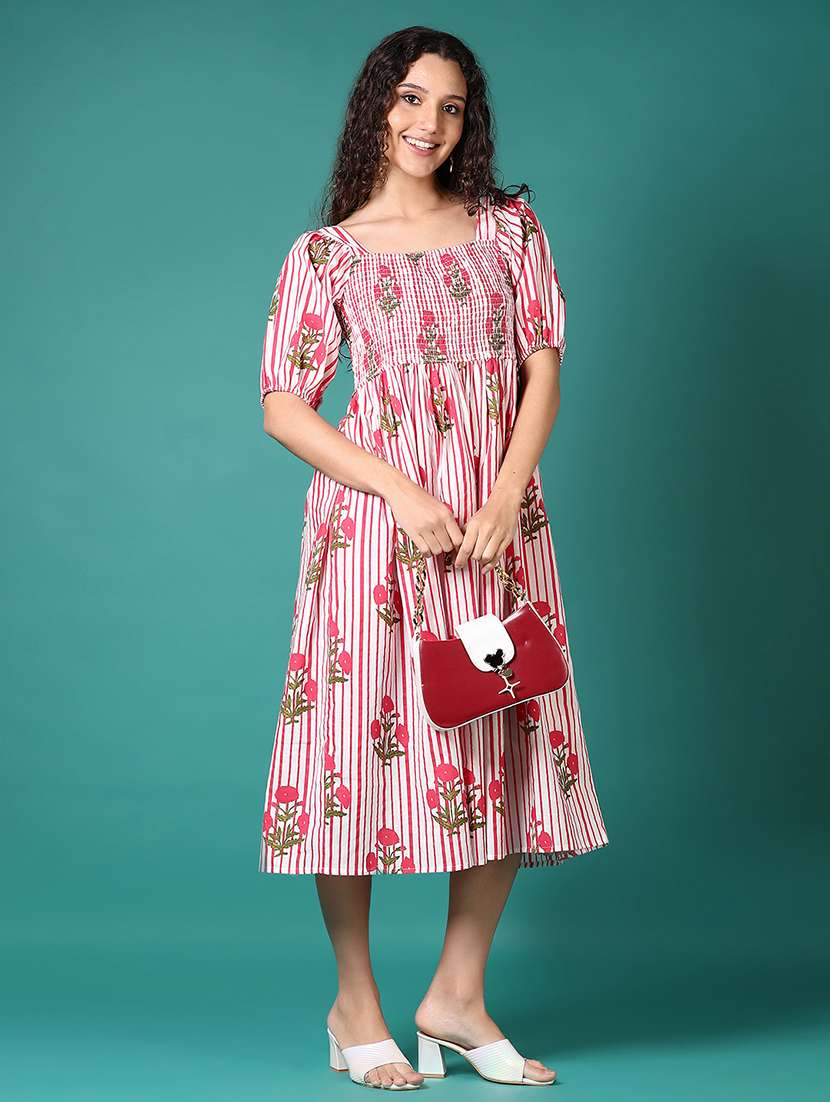 women printed smocked detailed puff sleeves dress