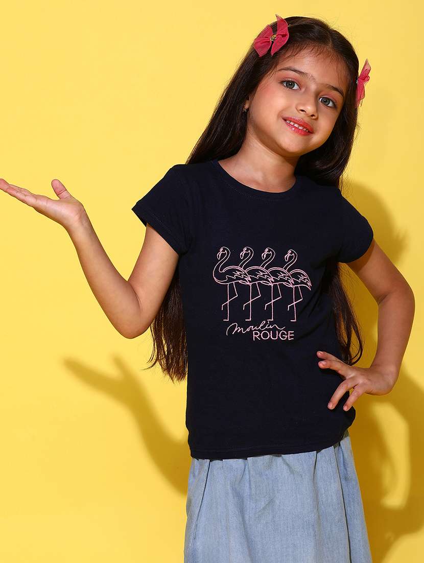 girls front print round neck tees