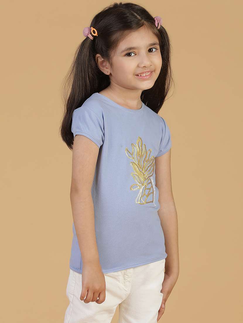 girls solid with work round neck tees - 21641976 -  Standard Image - 1