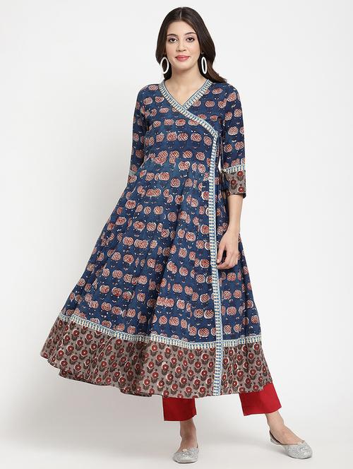 women blue printed three quarter sleeve anarkali kurta - 21642021 -  Standard Image - 0