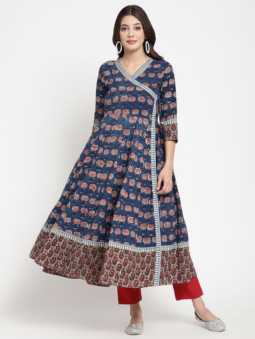 women blue printed three quarter sleeve anarkali kurta - 21642021 -  Zoom Image - 0