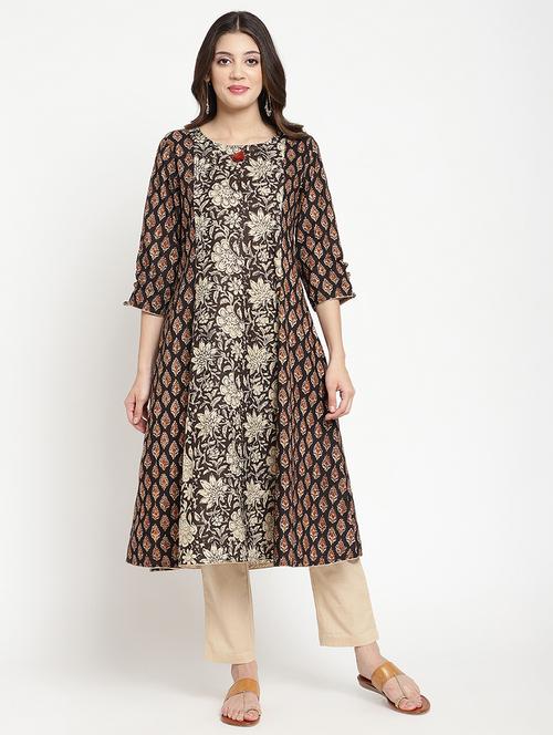 women black printed three quarter sleeve a-line kurta - 21642023 - Standard Image - 0