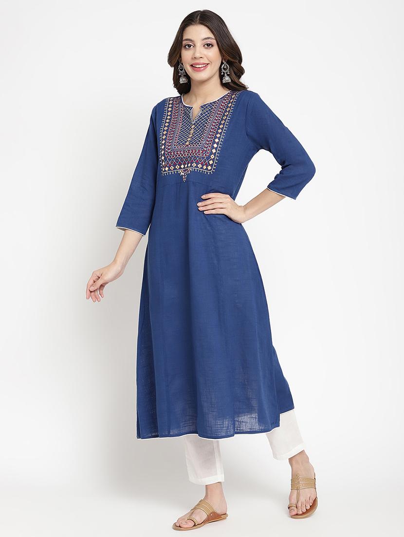 women blue embroidered three quarter sleeve a-line kurta - 21642024 - Standard Image - 1