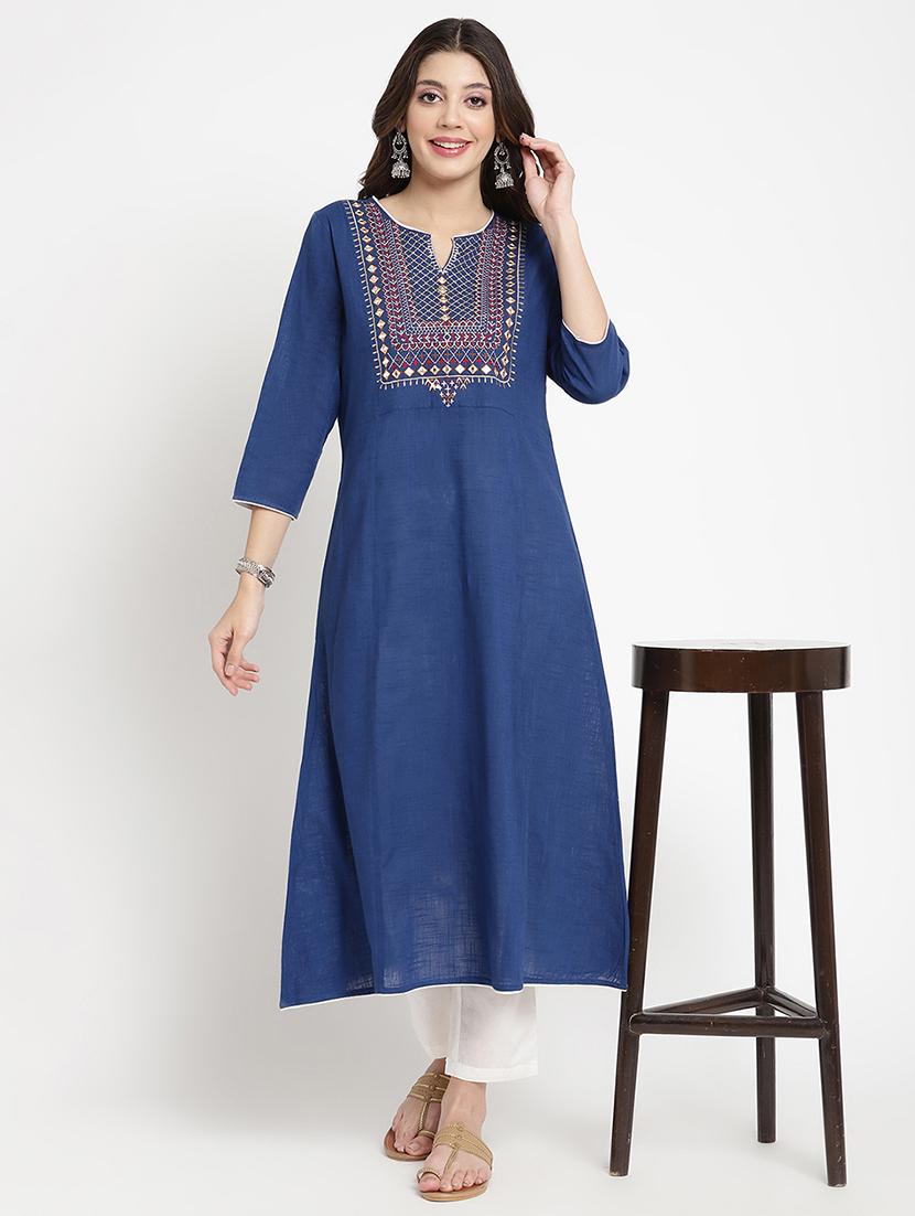 women blue embroidered three quarter sleeve a-line kurta - 21642024 - Standard Image - 4