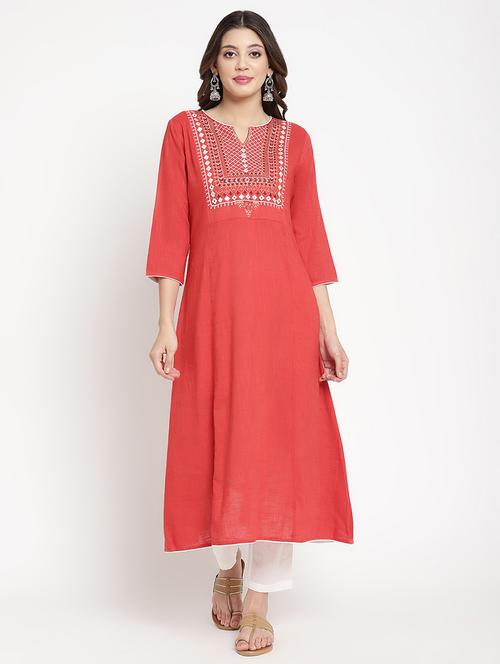 women red embroidered three quarter sleeve a-line kurta - 21642025 -  Standard Image - 0