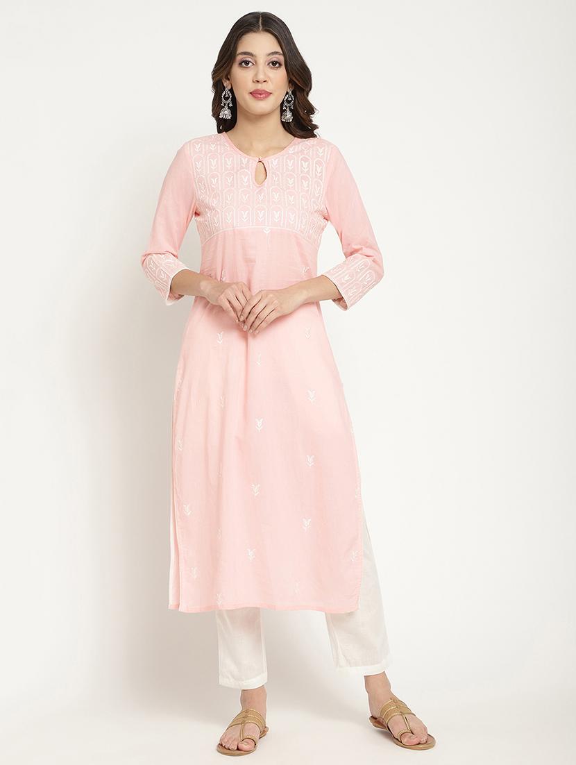 women embroidered three quarter sleeve straight kurta
