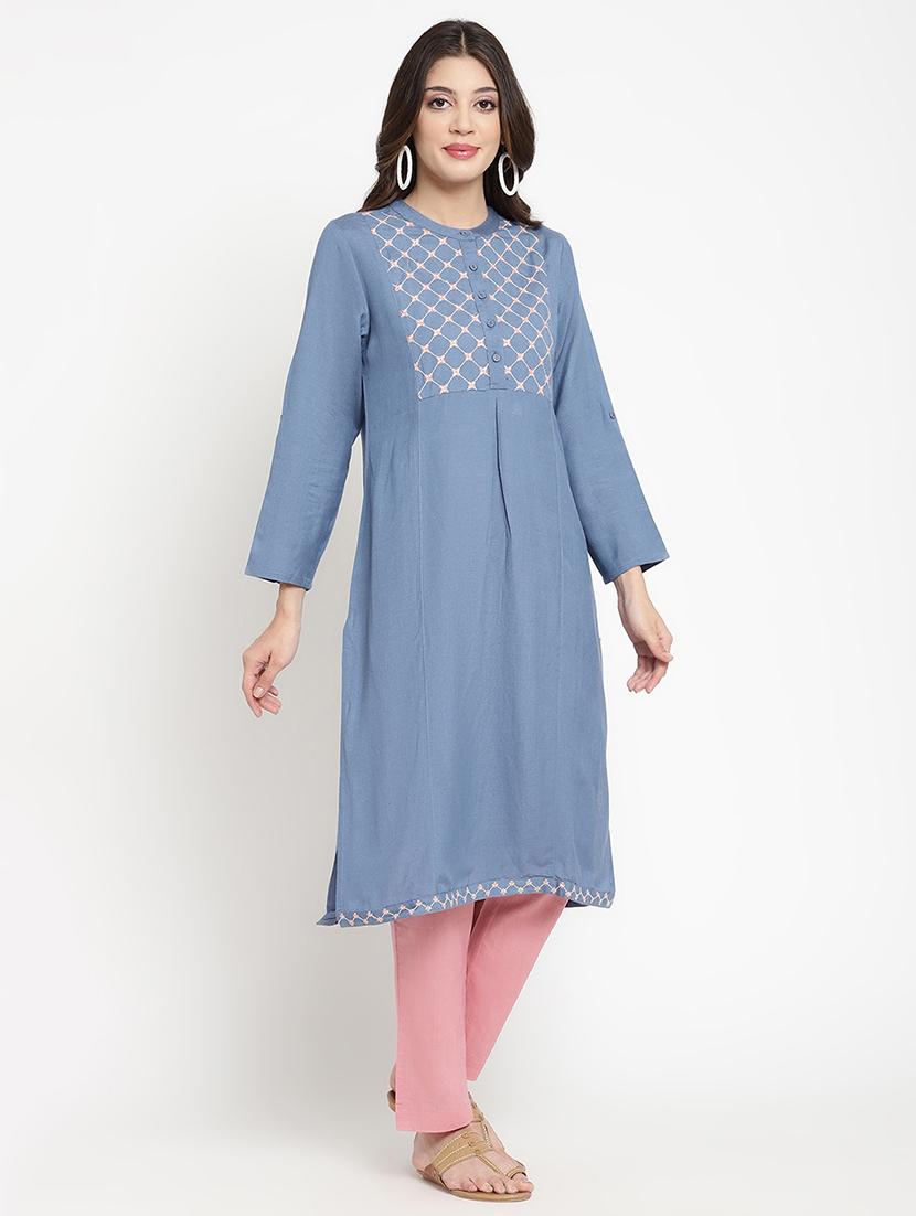 women embroidered three quarter sleeve straight kurta - 21642032 -  Standard Image - 1