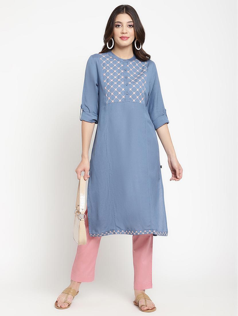 women embroidered three quarter sleeve straight kurta - 21642032 - Standard Image - 4