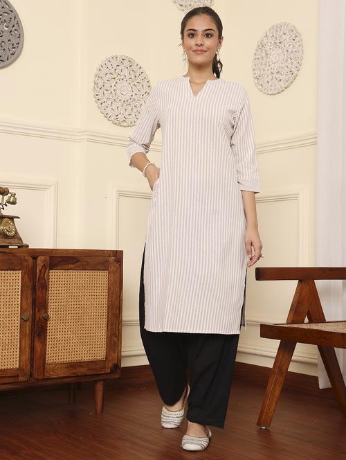 women striped three quarter sleeve straight kurta - 21642035 -  Standard Image - 0
