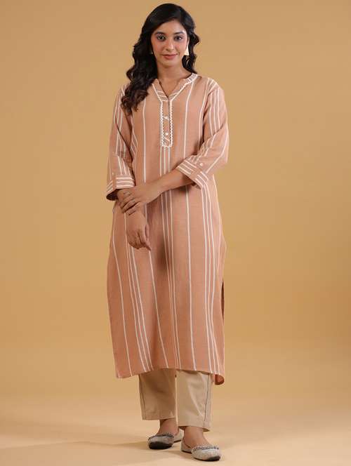 women striped three quarter sleeve straight kurta - 21642036 - Standard Image - 0