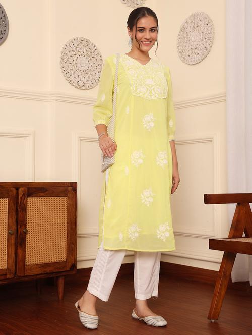 women embroidered three quarter sleeve straight kurta - 21642047 - Standard Image - 0