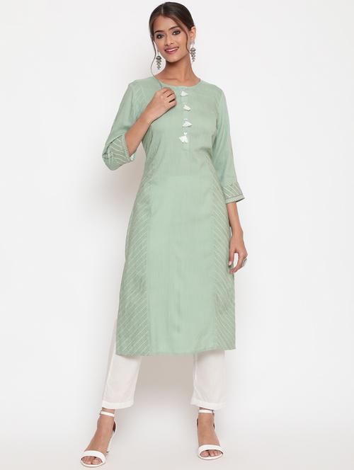 women solid three quarter sleeve straight kurta - 21642057 -  Standard Image - 0