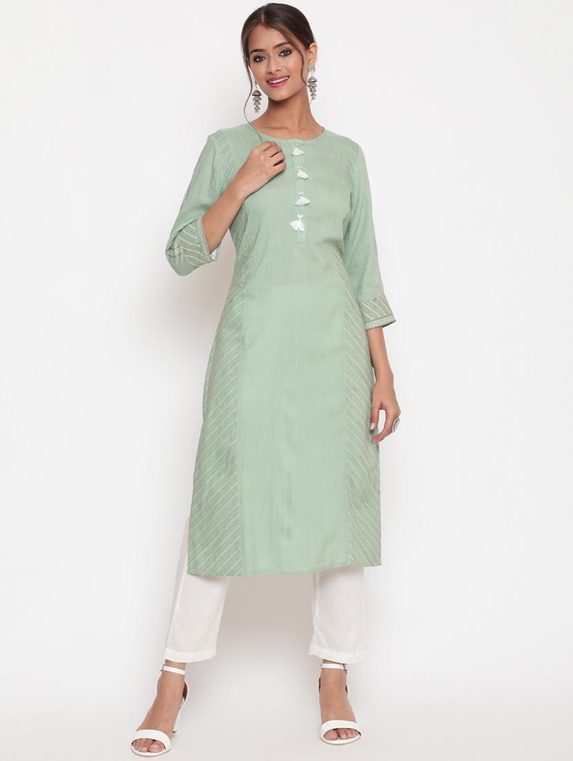 women solid three quarter sleeve straight kurta - 21642057 -  Zoom Image - 0
