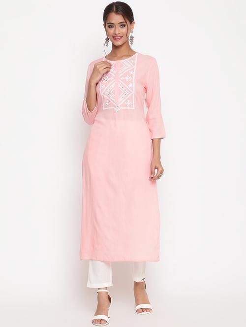 women embroidered three quarter sleeve straight kurta - 21642061 - Standard Image - 0