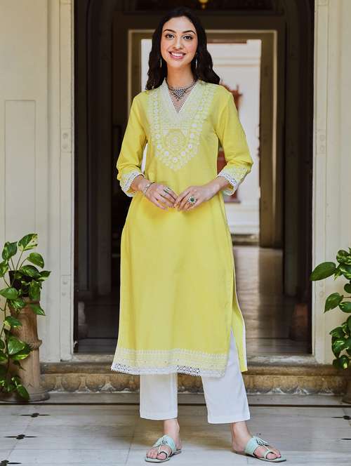 women embroidered three quarter sleeve straight kurta - 21642065 -  Standard Image - 0