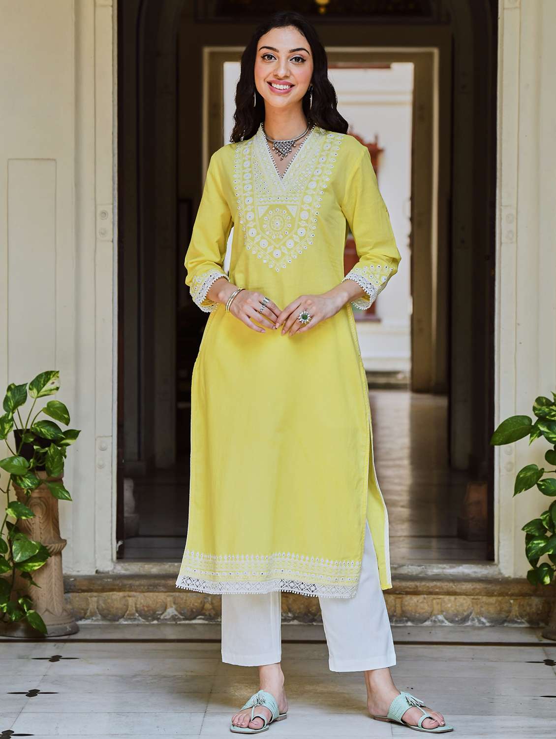 women embroidered three quarter sleeve straight kurta - 21642065 -  Zoom Image - 0