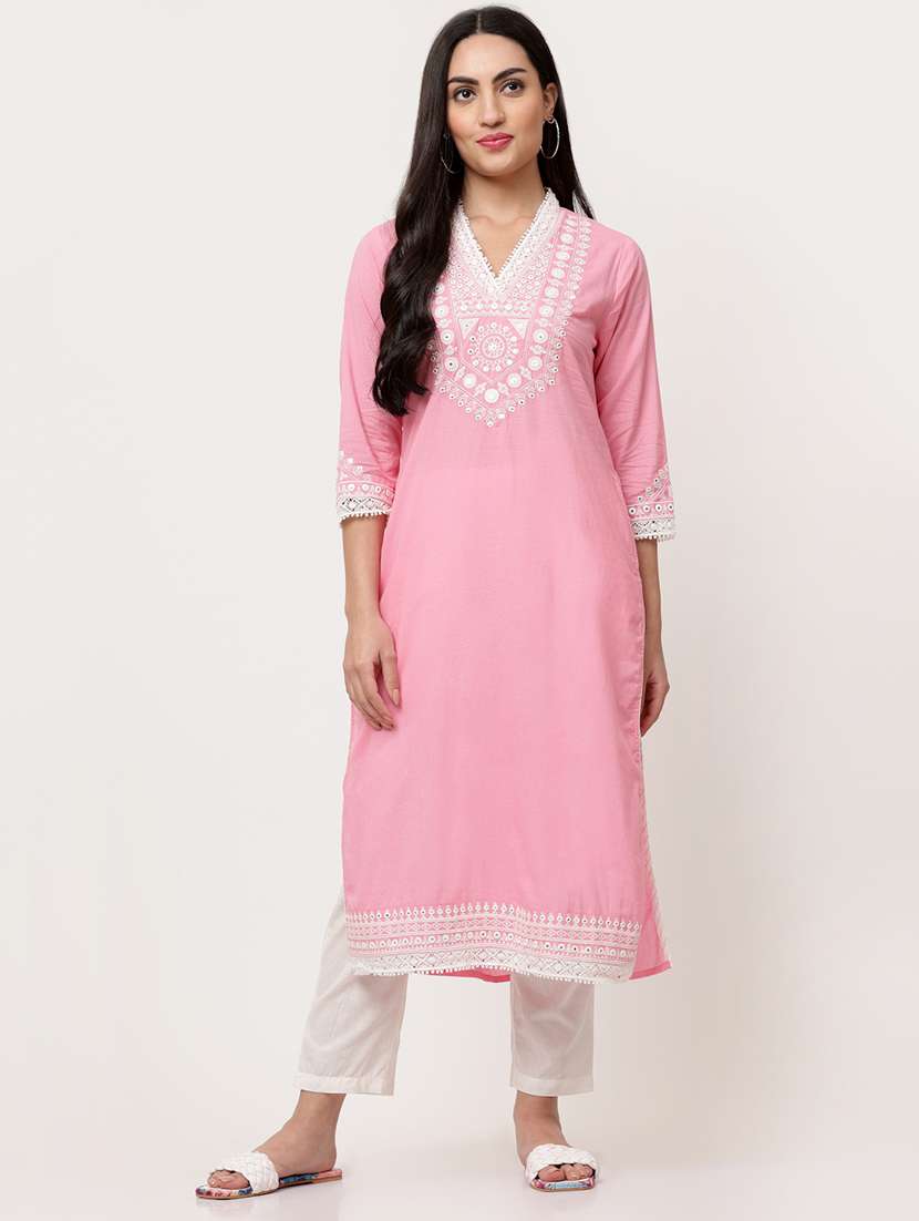 women embroidered three quarter sleeve straight kurta